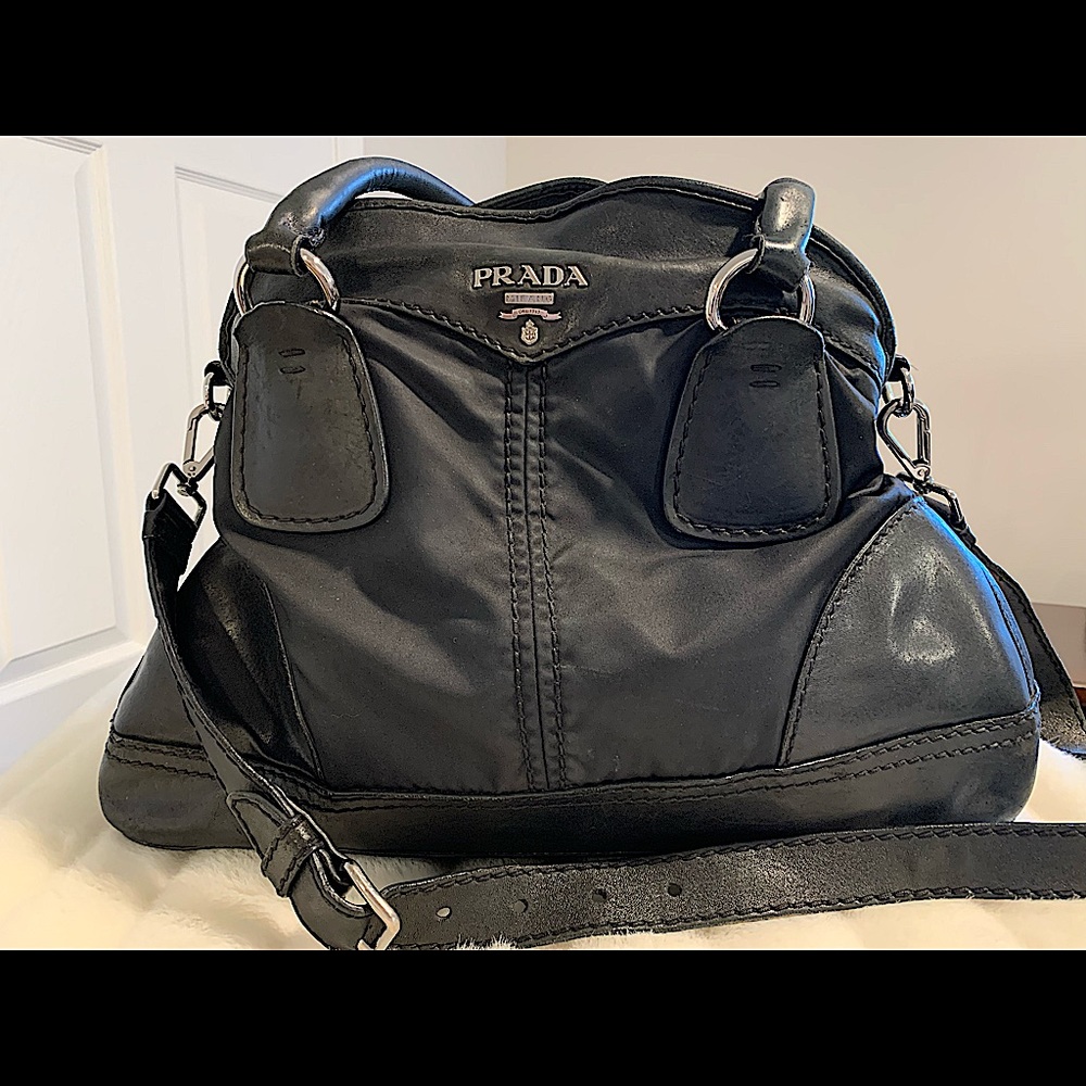 Prada Vintage Handbag Black Leather/Nylon Large Slouchy Shoulder Bag